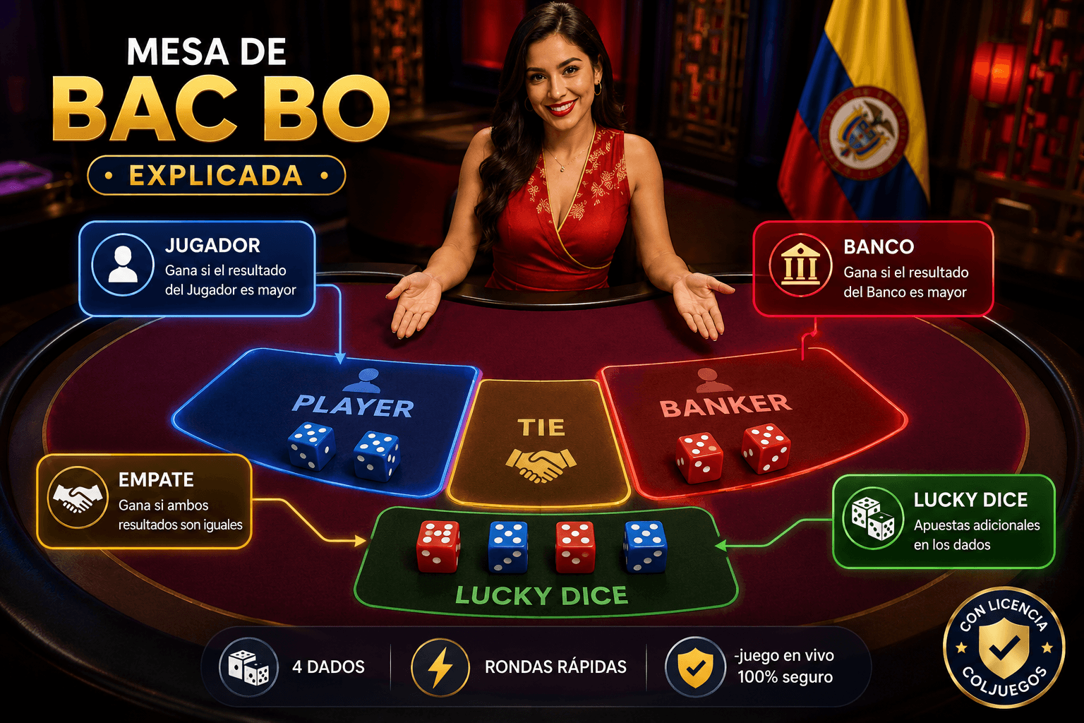 Mesa de Bac Bo explicada: áreas de apuesta Jugador, Banco, Empate y Lucky Dice