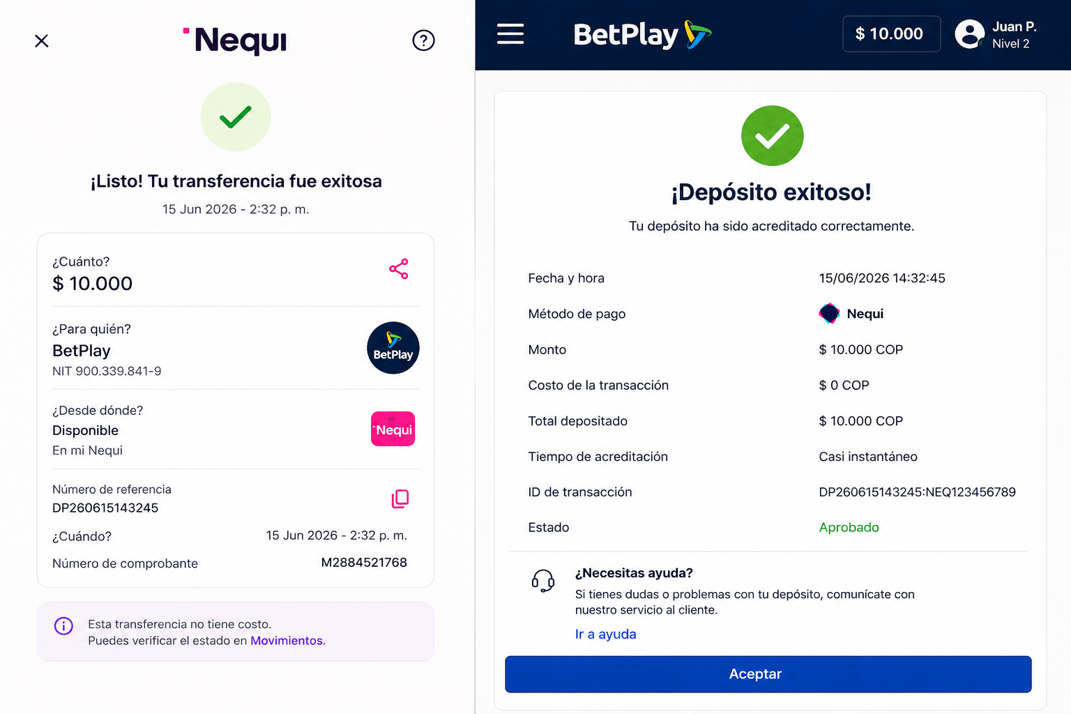 Captura del cajero de BetPlay mostrando depósito mínimo de $10.000 COP por Nequi - verificado por Casino Colombia en junio 2026