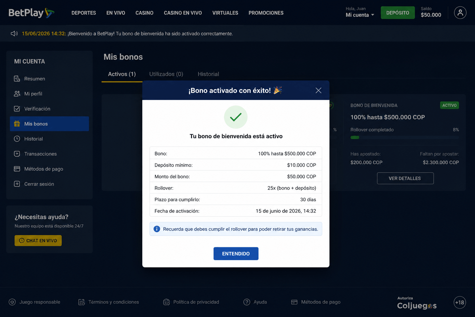 Captura de bono de bienvenida de BetPlay activado con depósito de $50.000 COP por Nequi - verificado por Casino Colombia en junio 2026
