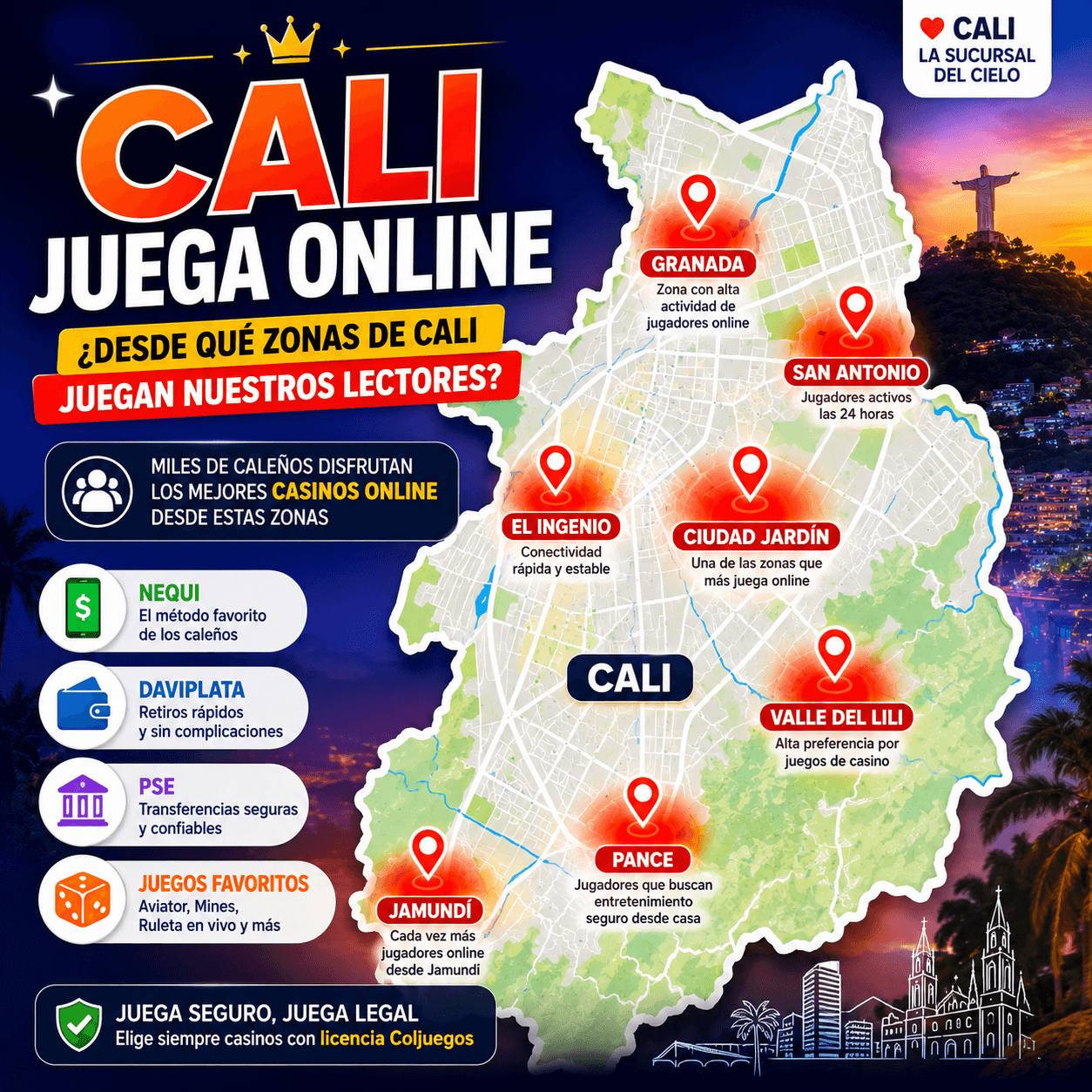 Mapa de zonas de Cali con mayor actividad de casinos online: Ciudad Jardín, Valle del Lili, Pance, Granada, El Ingenio, San Antonio, Jamundí