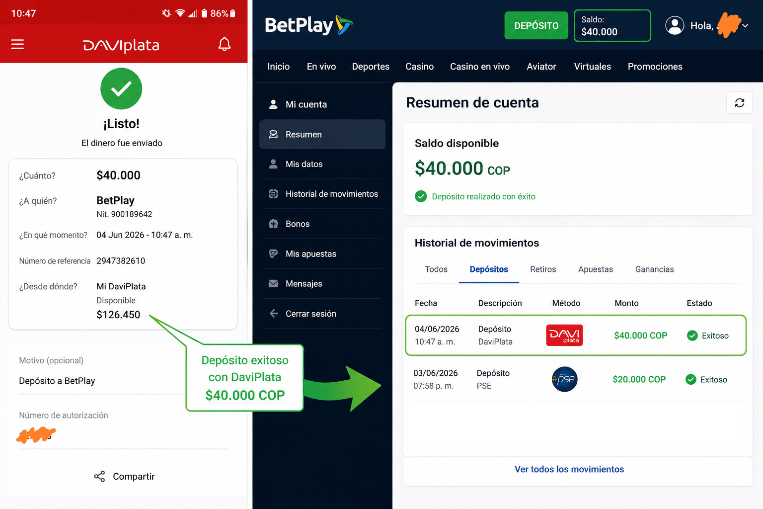 Depósito con DaviPlata en BetPlay: pantalla de confirmación durante nuestras pruebas