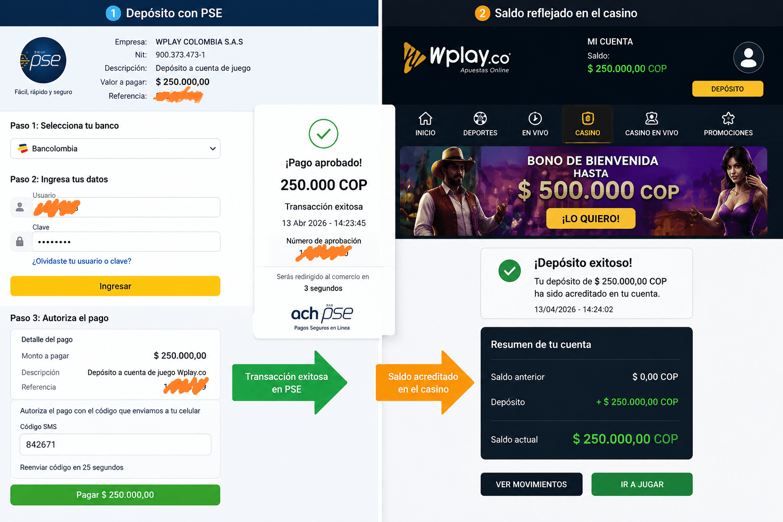 Depósito con PSE en WPlay.co: pantalla de autorización bancaria