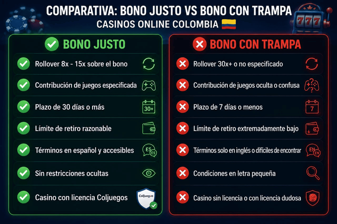 Comparativa visual entre un bono justo y un bono con trampa en casinos colombianos