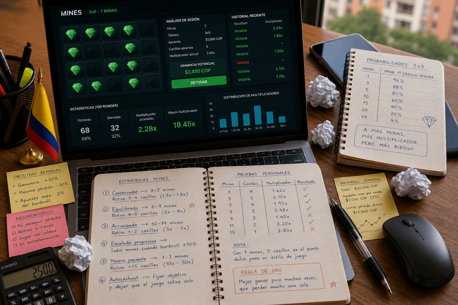 Escritorio del equipo de Casino Colombia probando Mines en diferentes casinos