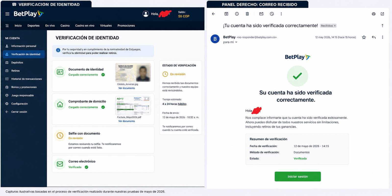Ejemplo de verificación KYC aprobada en casino