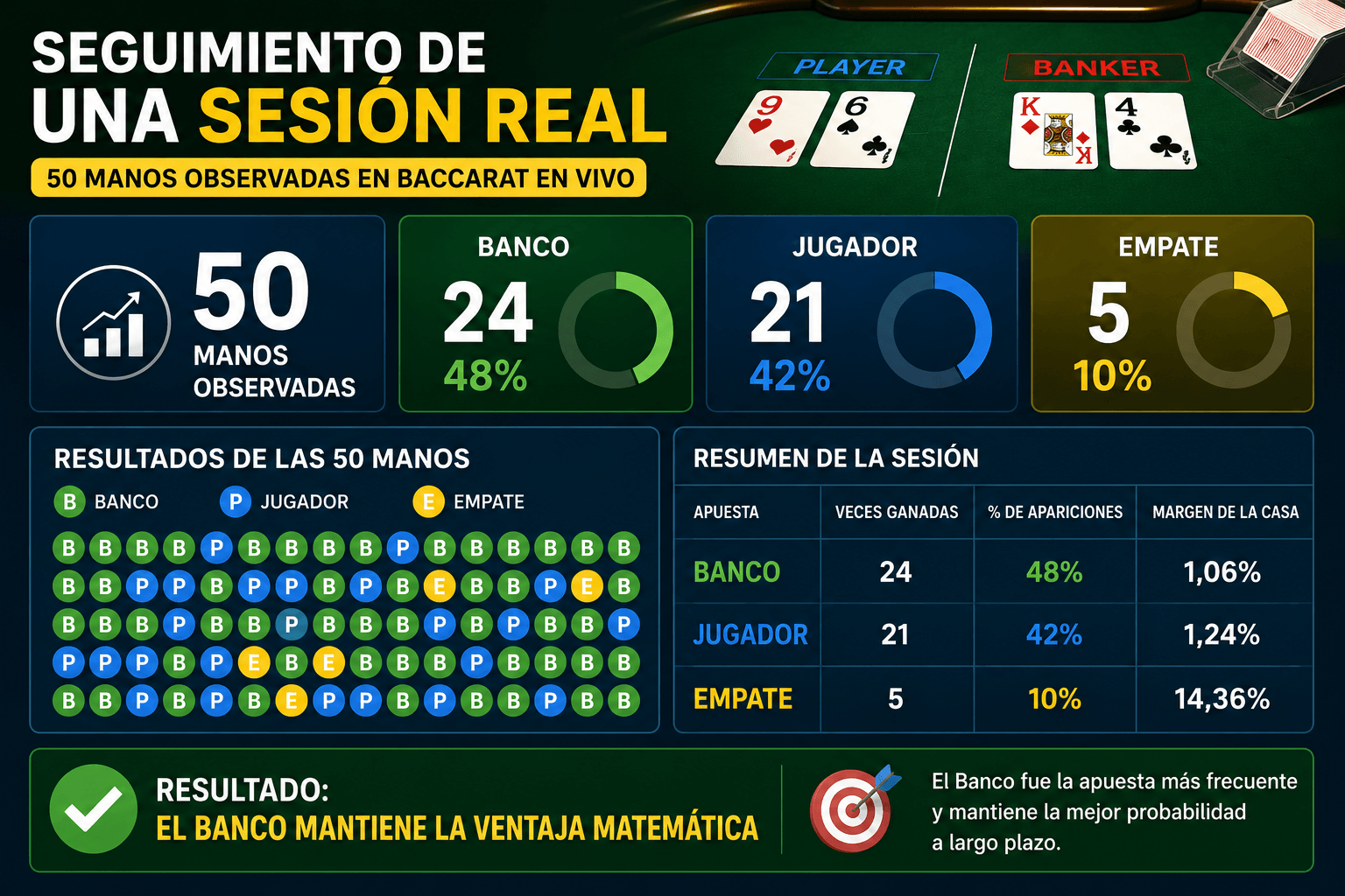 Resultados de nuestras pruebas de baccarat en casinos online de Colombia - seguimiento de manos y probabilidades