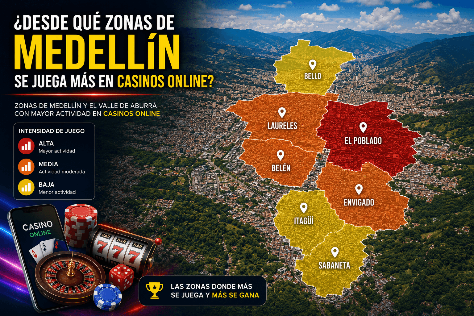 Mapa de Medellín y el Valle de Aburrá con las zonas donde más se juega en casinos online: El Poblado, Laureles, Belén, Envigado, Sabaneta, Bello, Itagüí
