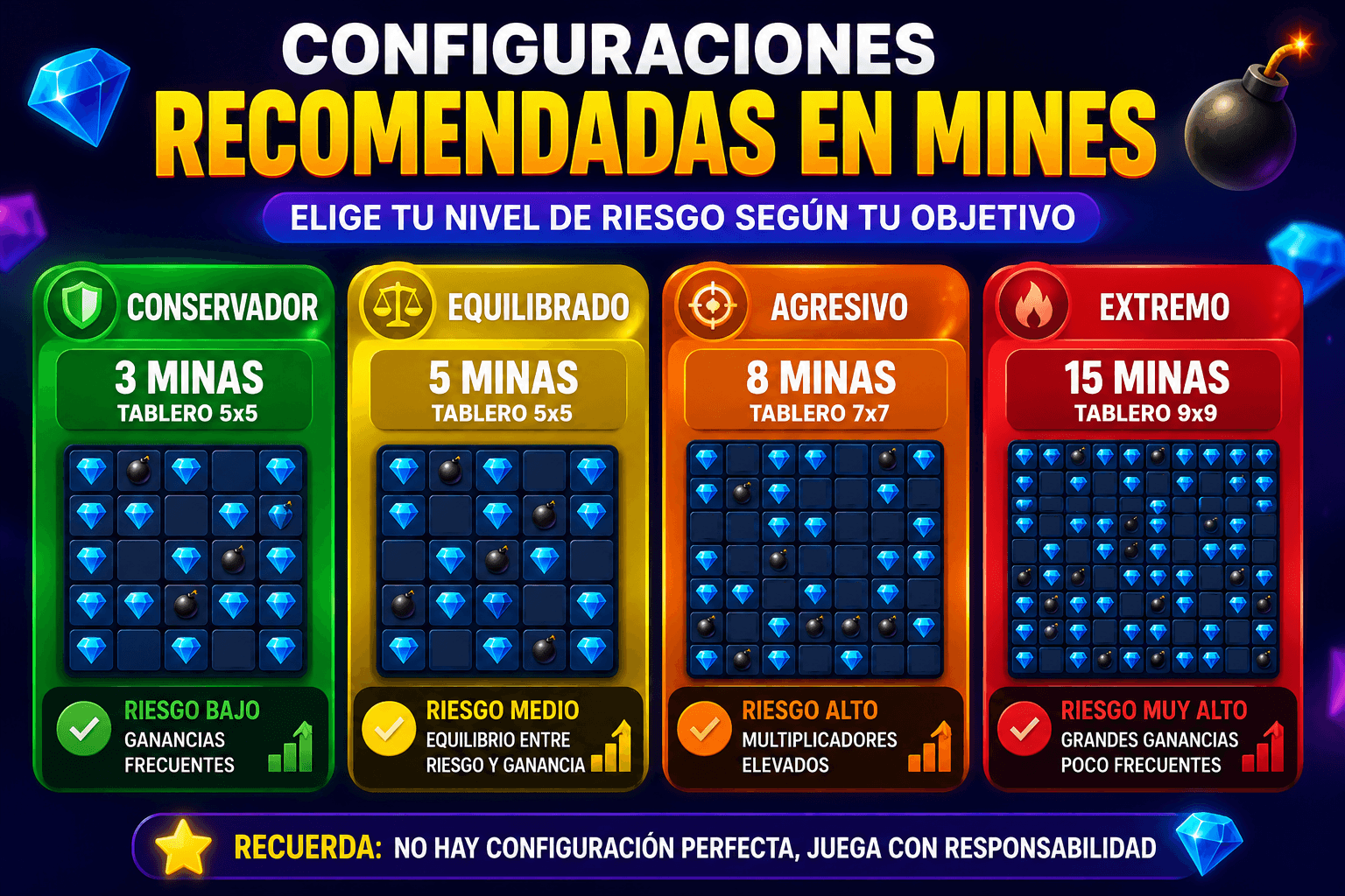 Configuraciones recomendadas Mines según nivel de riesgo: conservador, equilibrado, agresivo y extremo