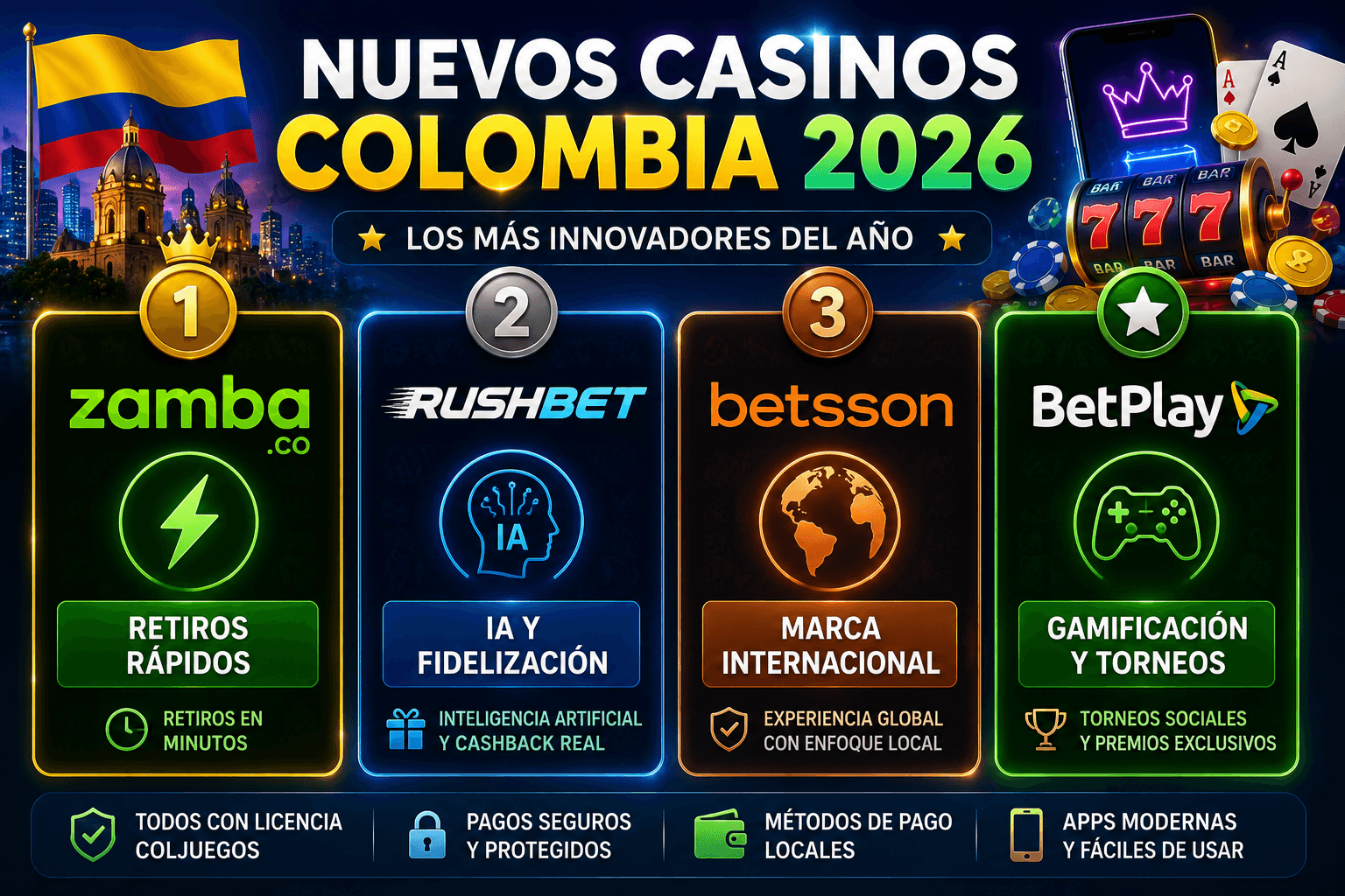 Ranking visual de nuevos casinos online en Colombia 2026 - Zamba, RushBet, Betsson, BetPlay