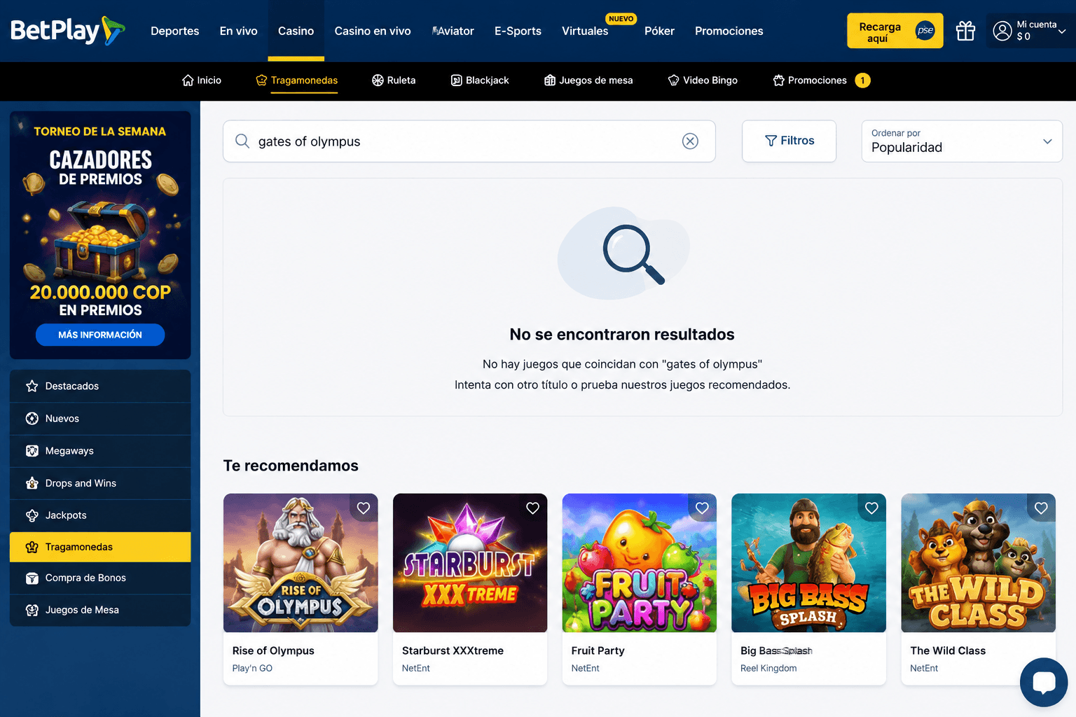 Captura de búsqueda de Gates of Olympus en BetPlay sin resultados - prueba realizada por el equipo de Casino Colombia (junio 2026)