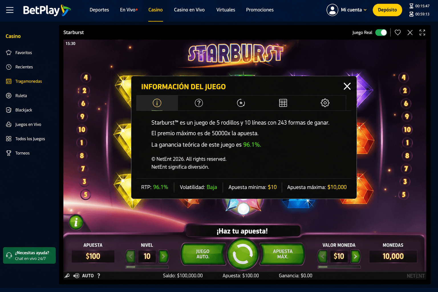 RTP de Starburst visible en la información del juego dentro de BetPlay
